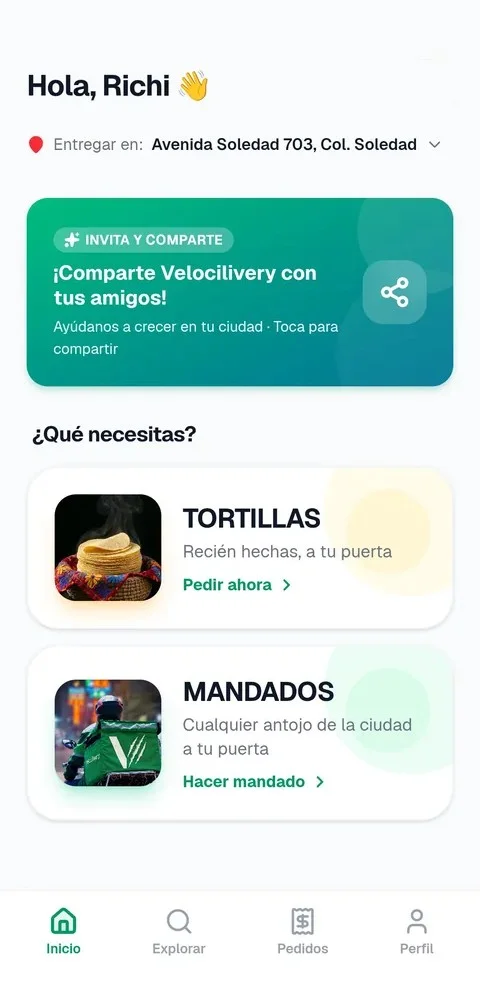Pantalla de inicio de Velocilivery